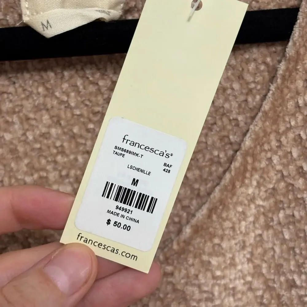 NWT Francesca’s Harper Heritage Chenille Knit Crop V-Neck Tan Sweater - Size M